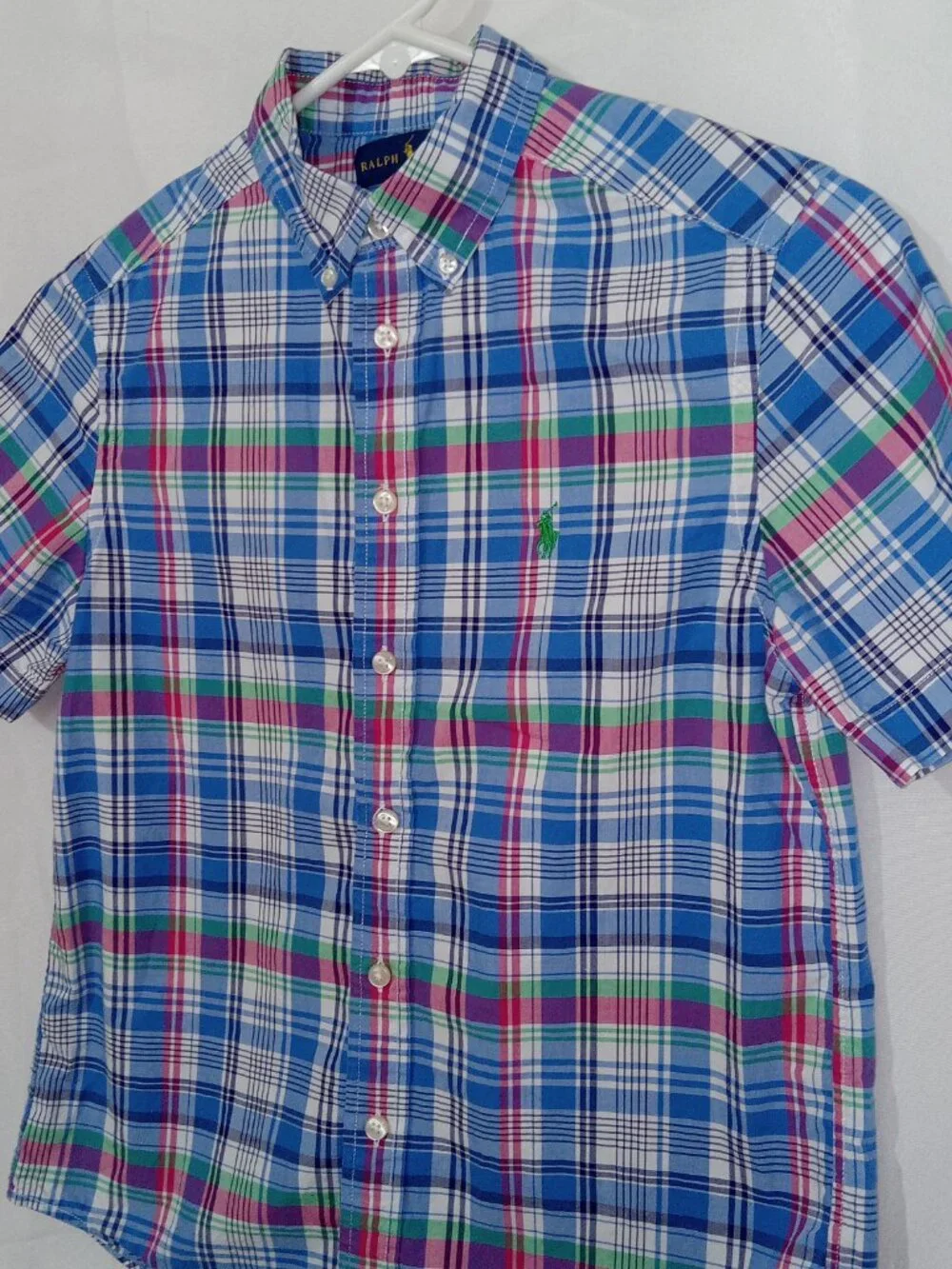 Ralph Lauren Boys Plaid Button Down Shirt Size M 10/12 Blue Green Preppy Coastal